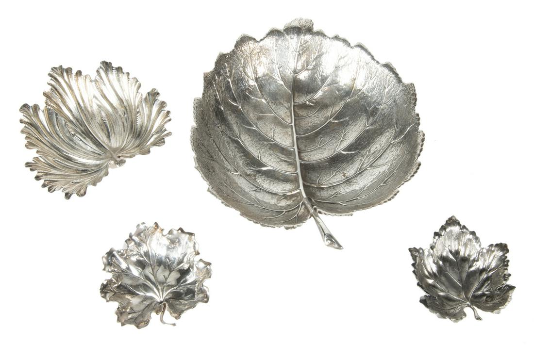 FOUR BUCCELLATI STERLING LEAF BOWLS: A group of four, including: a large Hazelnut leaf bowl, a medium Acanthus leaf bowl, a small Geranium leaf bowl, and a small Maple leaf bowl. Total weight 14.24 troy oz. Largest, 8 1/2 by 7 inches Fin