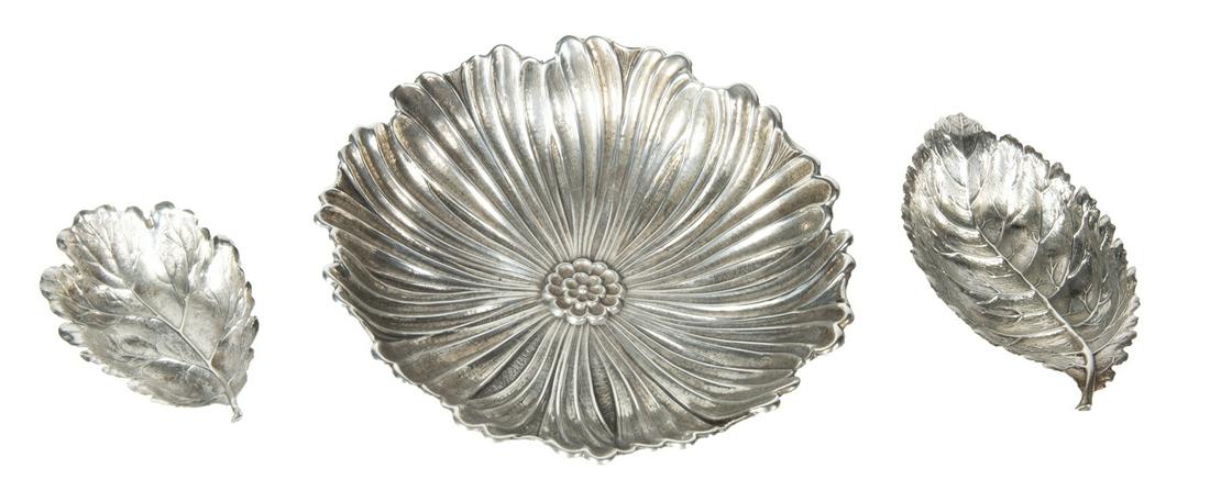 THREE BUCCELLATI STERLING SILVER BOWLS: A group of three, including: a medium Lotus bowl, a small Oak leaf bowl, and a small Rose leaf bowl. Total weight, 11.19 troy oz. Largest, diameter, 7 inches Fine Art