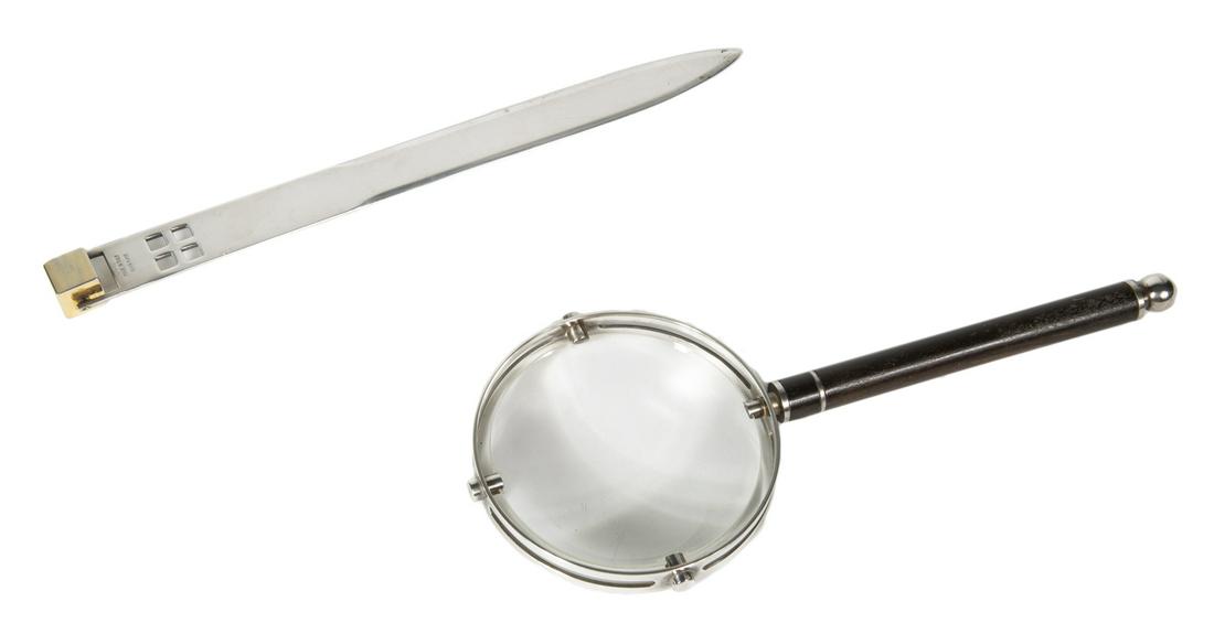 LETTER OPENER AND MAGNIFYING GLASS: A Richard Meier for Swid Powell silver plated letter opener and magnifying glass, circa 1985. Length, 10 inches Fine Art