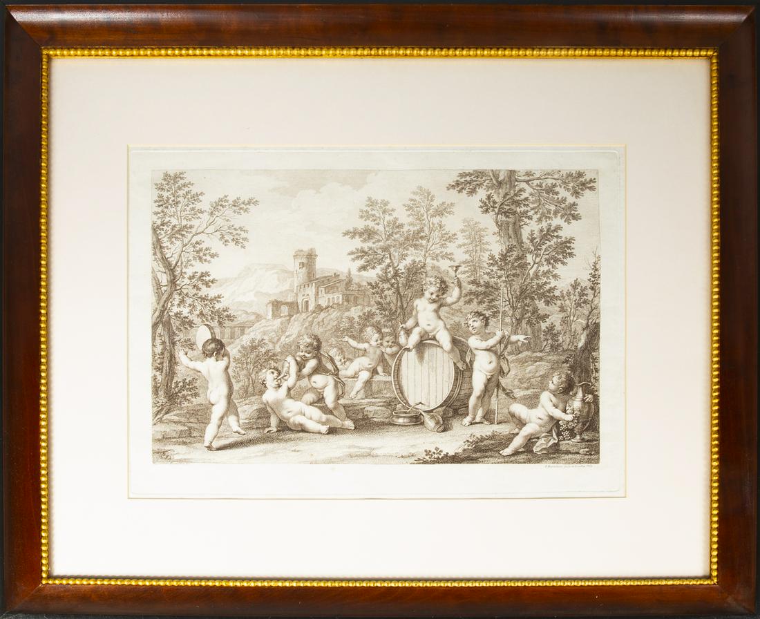 FRANCESCO BARTOLOZZI (ITALIAN, 1727 1815): Bacchanal, 1765, a pair of etchings by Bartolozzi after paintings by Marcantonio Franceschini. 21 1/2 by 26 1/4 inches, framed PROVENANCE Piero Trincia, Rome Fine Art