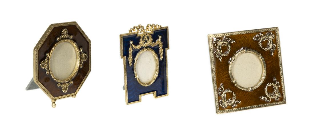 TERRAGRAPHICS PICTURE FRAMES: A group of three modern bronze and guilloché enameled Louis XVI style picture frames. Largest, 5 by 5 inches Fine Art