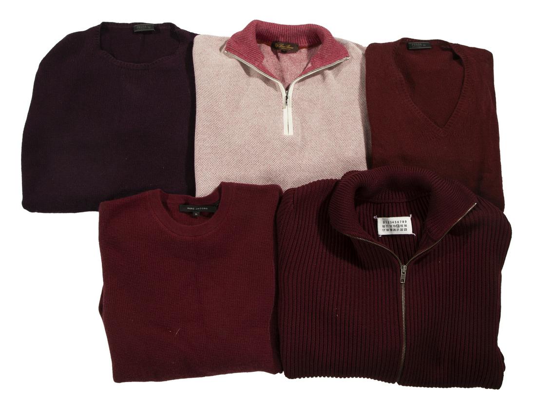FIVE WINE COLORED SWEATERS: A group of five knit wool or cashmere sweaters, including: a woven solid by Marc Jacobs, size XL; a knit wool by Prada, size 54; a red and cream pattern zip neck by Loro Piana, size 56; a knit wool by