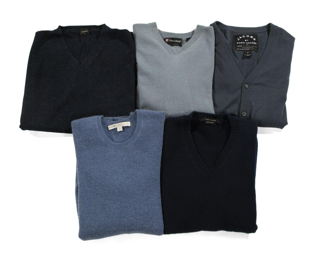 FIVE MEDIUM WEIGHT BLUE SWEATERS: A group of five assorted sweaters, including: A Marc by Marc Jacobs cashmere v neck cardigan sweater, size XS; a Daniel Bishop cashmere sweater, size small; a Jil Sander wool sweater vest, size 54; a