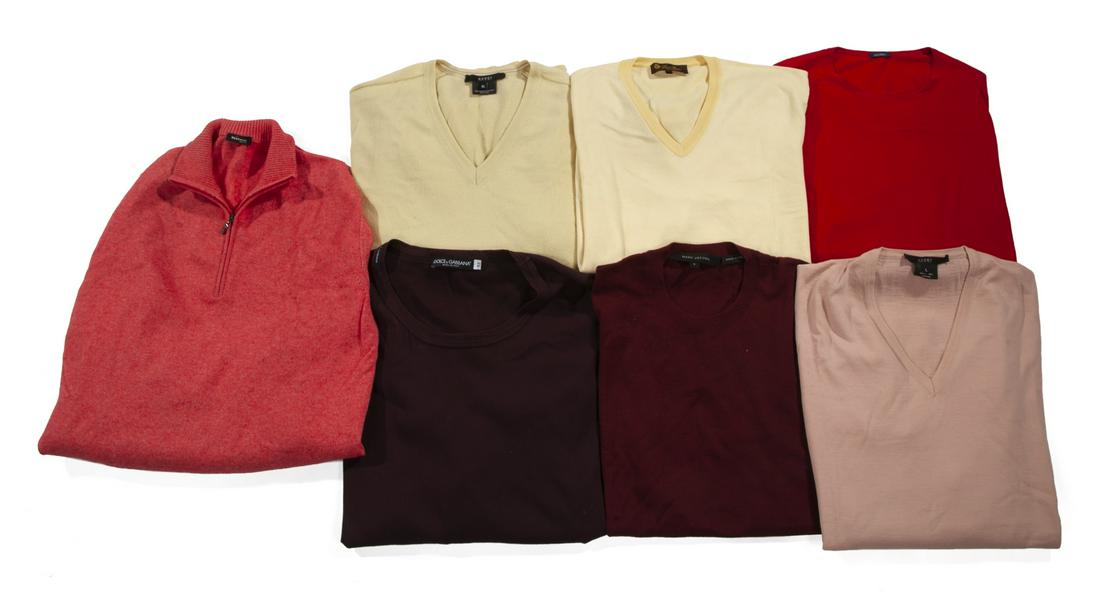 SEVEN PURPLE, PINK, RED AND YELLOW LIGHTWEIGHT SHIRTS: A group of seven assorted designer shirts, including: a Gucci wool v neck sweater, size large; a Marc Jacobs cashmere short sleeve sweater, size large; a Dolce & Gabbana long sleeve cotton top, size 5