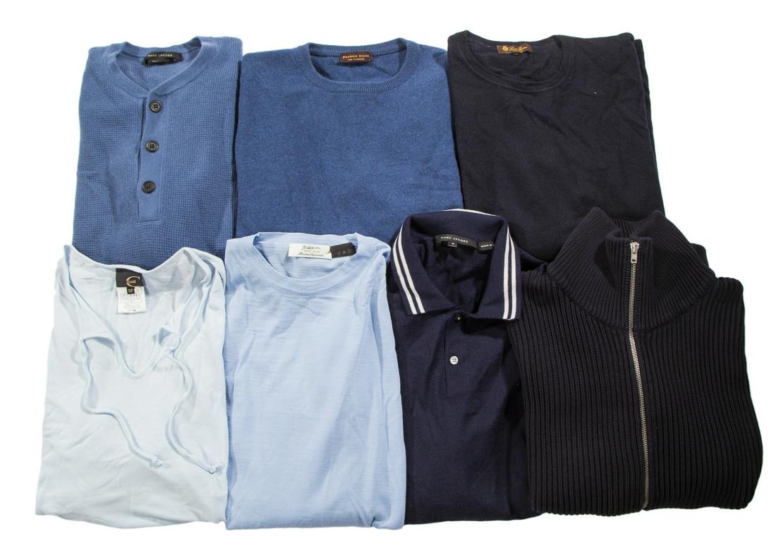 SEVEN BLUE DESIGNER SWEATERS: A group of seven sweaters, including: a navy cashmere Marc Jacobs sweater with white stripes on the collar, size medium; a light blue Hugo Boss merino wool sweater, size 54; a Just Cavalli light blue 