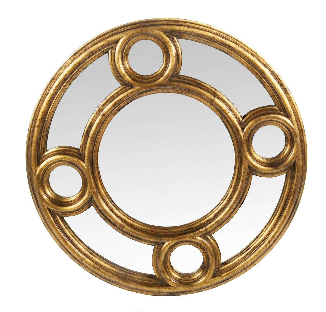BAKER GILT WALL MIRROR: A circular gilt wall mirror with a central roundel and outer mirrored panels alternating with four smaller mirrored circular roundels. Baker Furniture label on the verso. Diameter, 35 1/2 inches Fine
