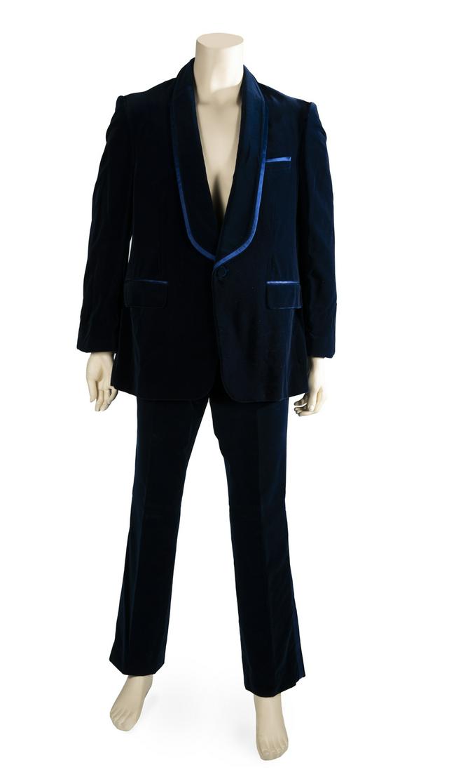 VELVET DESIGNER SUIT AND JACKET: A group of velvet luxury brand clothing, including: a cobalt Gucci suit, size 54R (trousers size 52R); and a wine colored Marc Jacobs blazer, size 52. Fine Art