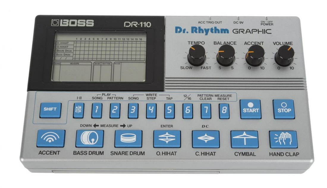 HAL ZWICKE BOSS DR 110 DR. RYTHYM GRAPHIC DRUM MACHINE: Boss DR 110 DR. Rythym Graphic drum machine with a case. 9x5x2 Rock 'N' Roll