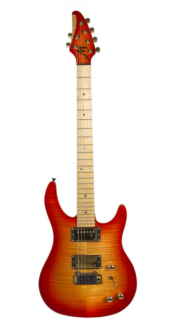 HAL ZWICKE BRIAN MOORE MC/1 ELECTRIC GUITAR: A Brian Moore MC/1 electric guitar, flame maple top, cherry sunburst finish, serial number 145, gold hardware, maple fingerboard, dot inlays, ghost tremelo, and original case. Rock 'N' Roll