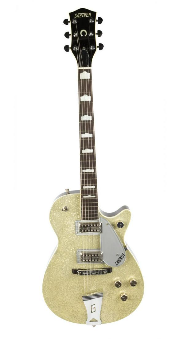 GRETSCH G6129D SILVER JET GUITAR: A Gretsch G6129D Silver Jet electric guitar, Silver sparkle finish, two FilterÕTron humbucking pickups, chrome hardware, hump block inlays and no case. Rock 'N' Roll