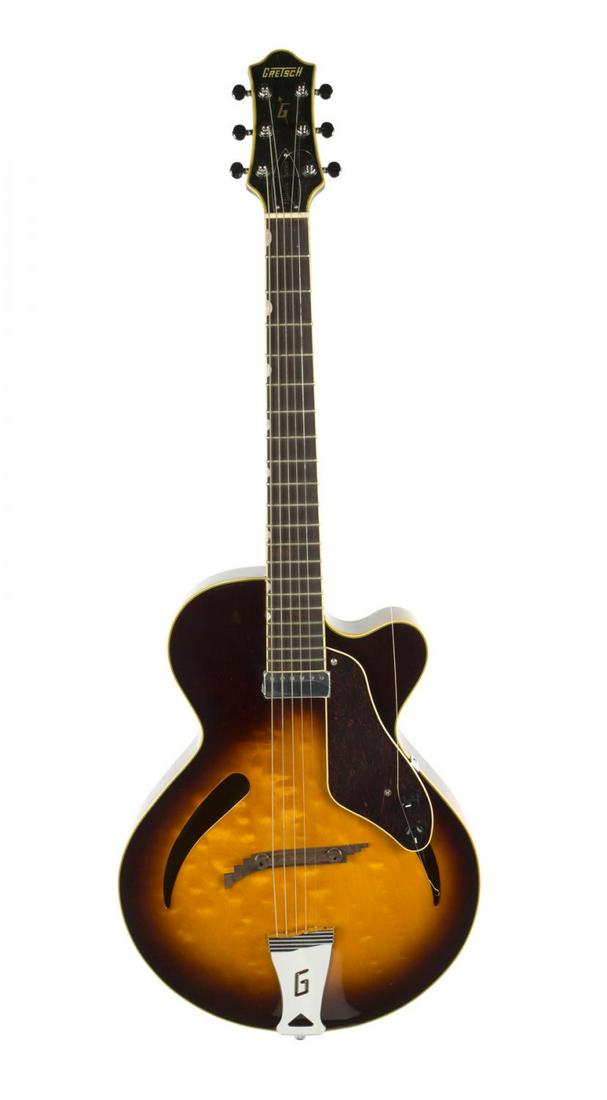 GRETSCH P9 PROTOTYPE ACOUSTIC ELECTRIC GUITAR: A Gretsch P9 prototype acoustic electric guitar, sunburst finish, quilted top, one floating pickup, CatÕs Eye sound holes, Neo Classic inlays and no case. Rock 'N' Roll