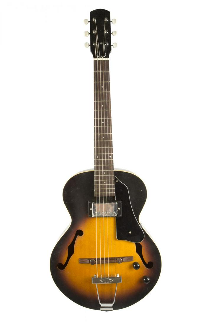GRETSCH UNBRANDED SKD 803 P4 GUITAR: A Gretsch SKD 803 P4 small body archtop electric guitar, one humbucking pickup, sunburst finish, unbranded, dot inlays and no case. Rock 'N' Roll