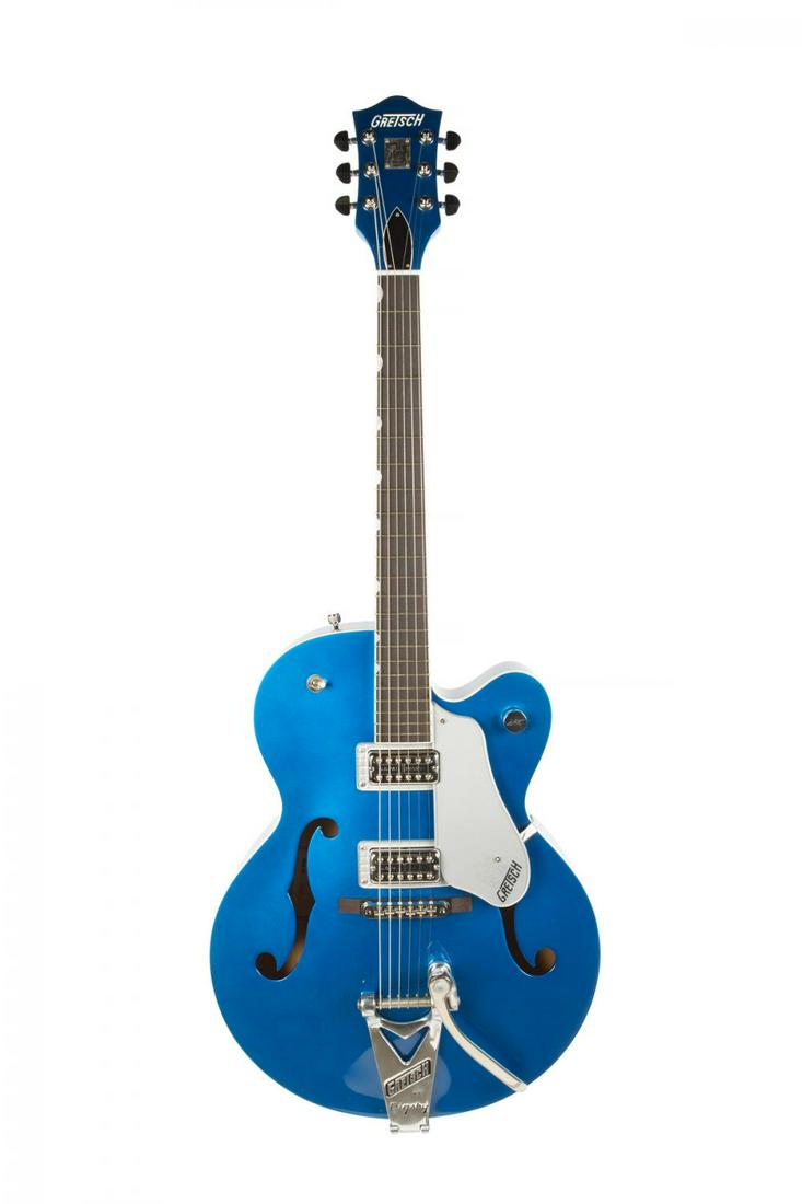 GRETSCH 6120 SH GUITAR: A Gretsch Brian Setzer Hot Rod 6120 model electric guitar, blue metallic finish, serial number 9810120SH 6, two FilterÕTron humbucking pickups, V-style Gretsch Bigsby B6 vibrato, chrome hardware, Neo