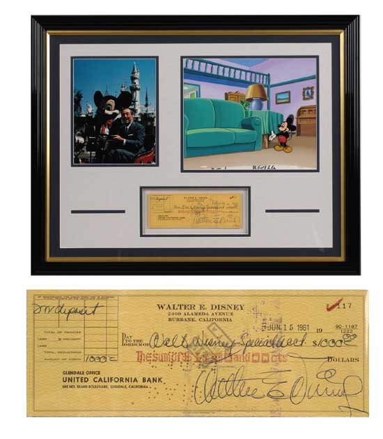 Walt Disney Framed Signed Bank Check: Rare and highly coveted signed personal bank check, 8.5 x 3.25, June 15, 1961, payable to Walt Disney Special Acct. for the amount of $1000. Filled out in another's hand and beautifully signed "Walter