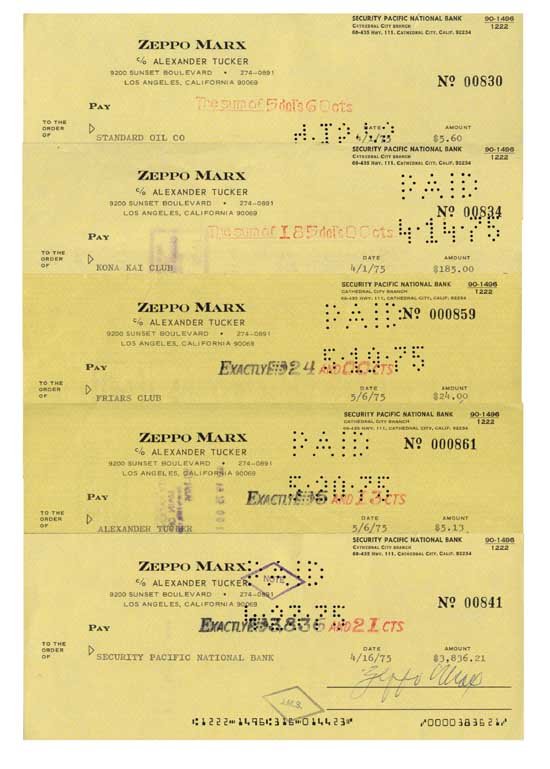 Zeppo Marx Signed Bank Check Lot