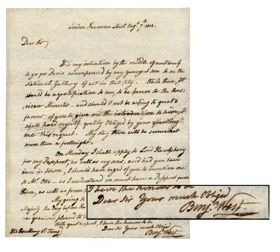Benjamin West Handwritten Signed Letter: American artist long resident in Europe, President of the English Royal Academy, painter of numerous historical scenes such as "Penn's Treaty With The Indians" and "The Death of Wolfe". Rare handwritt