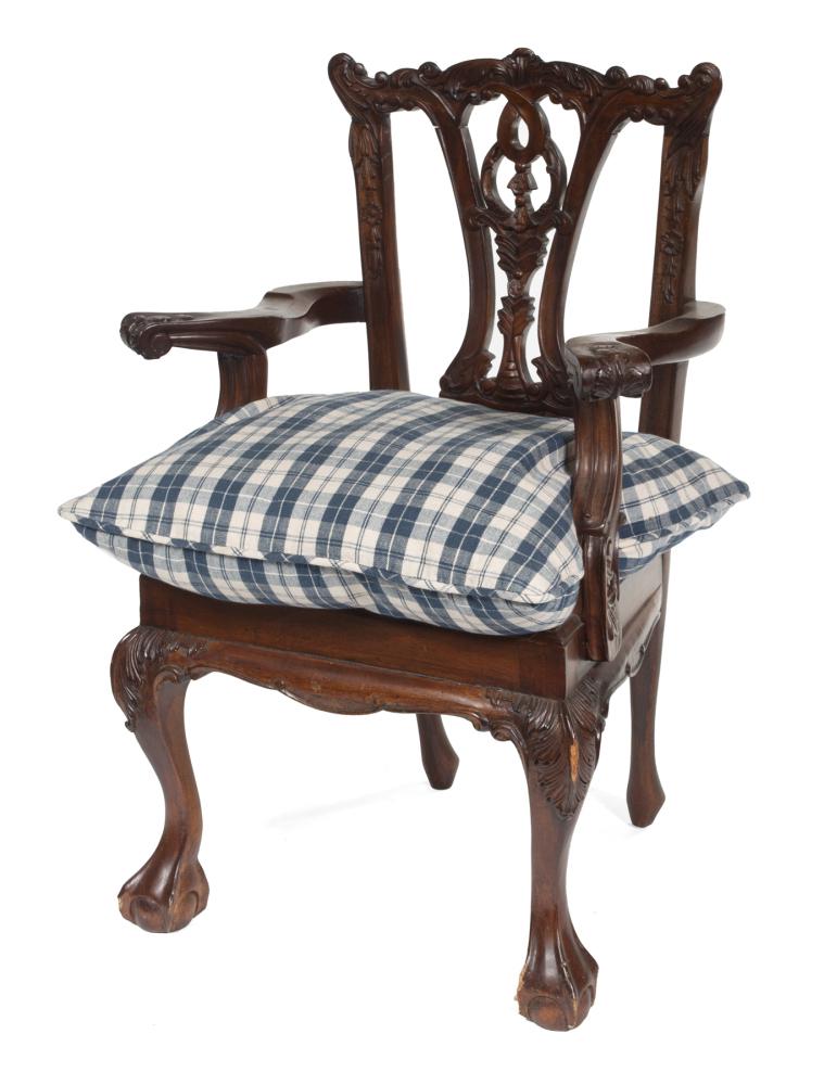 JEAN AND CASEY KASEM MINIATURE CHIPPENDALE CHAIR: A modern miniature Chippendale style chair with a loose blue and white checked pillow, marked "Made in Indonesia." 24 x 18 x 13 inches PROVENANCE From The Collection of Jean and Casey Kasem