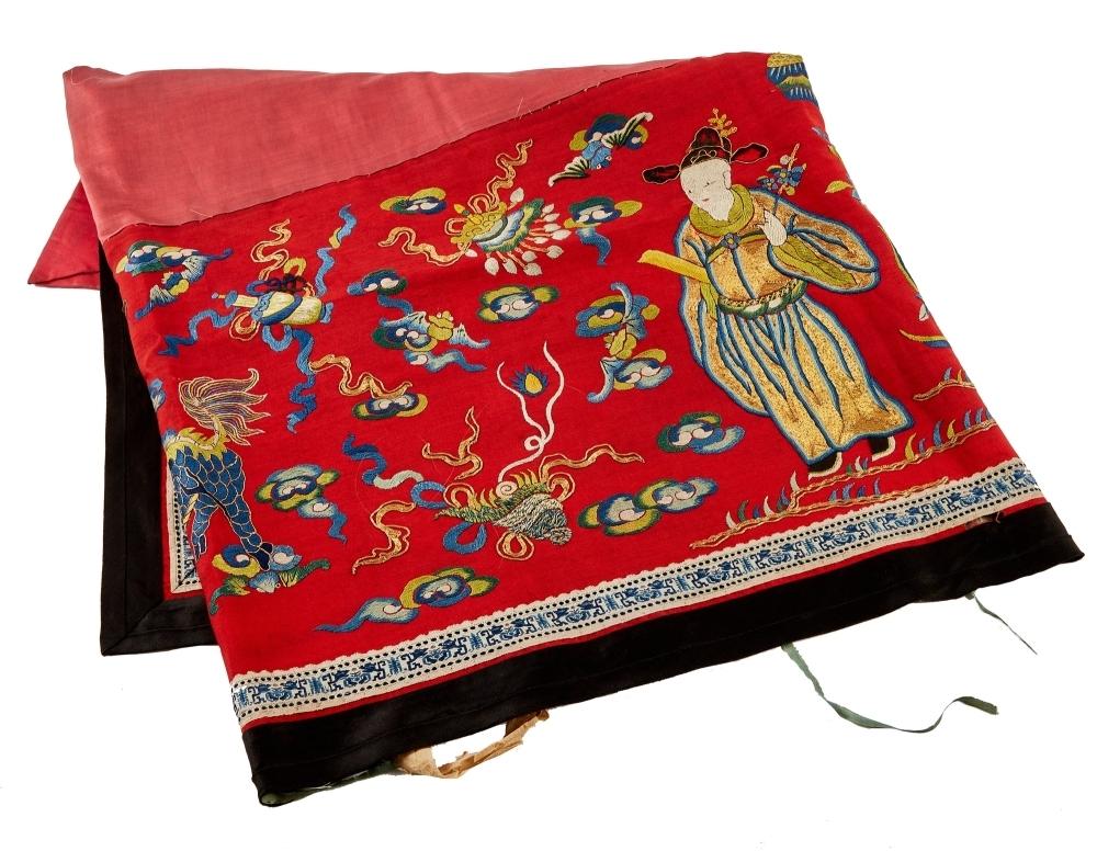 LATE 19TH CENTURY RED SILK EMBROIDERED WALL HANGING (1 of 2)