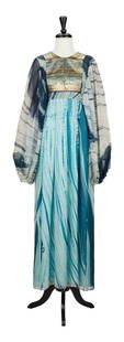 THEA PORTER: 1970S CHIFFON SCREEN PRINT GOWN: A chiffon screen print gown in teal and turquoise, circa 1970s, featuring a notched V-neck, bubble sleeves, and a gold lamé brocade placket at bodice. Fully lined in silk. Labeled, "Thea Porter C