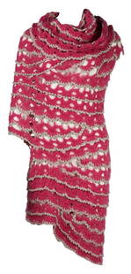 JUNYA WATANABE FOR COMME DES GARCONS: ASYMMETRICAL TUBE DRESS: A hot pink mohair yarn and silver cord hand-crocheted asymmetrical tube dress with a wide fold over cowl-style neckline and a Junya Watanabe Comme des Garcons label. Size medium. Measurements: width 3
