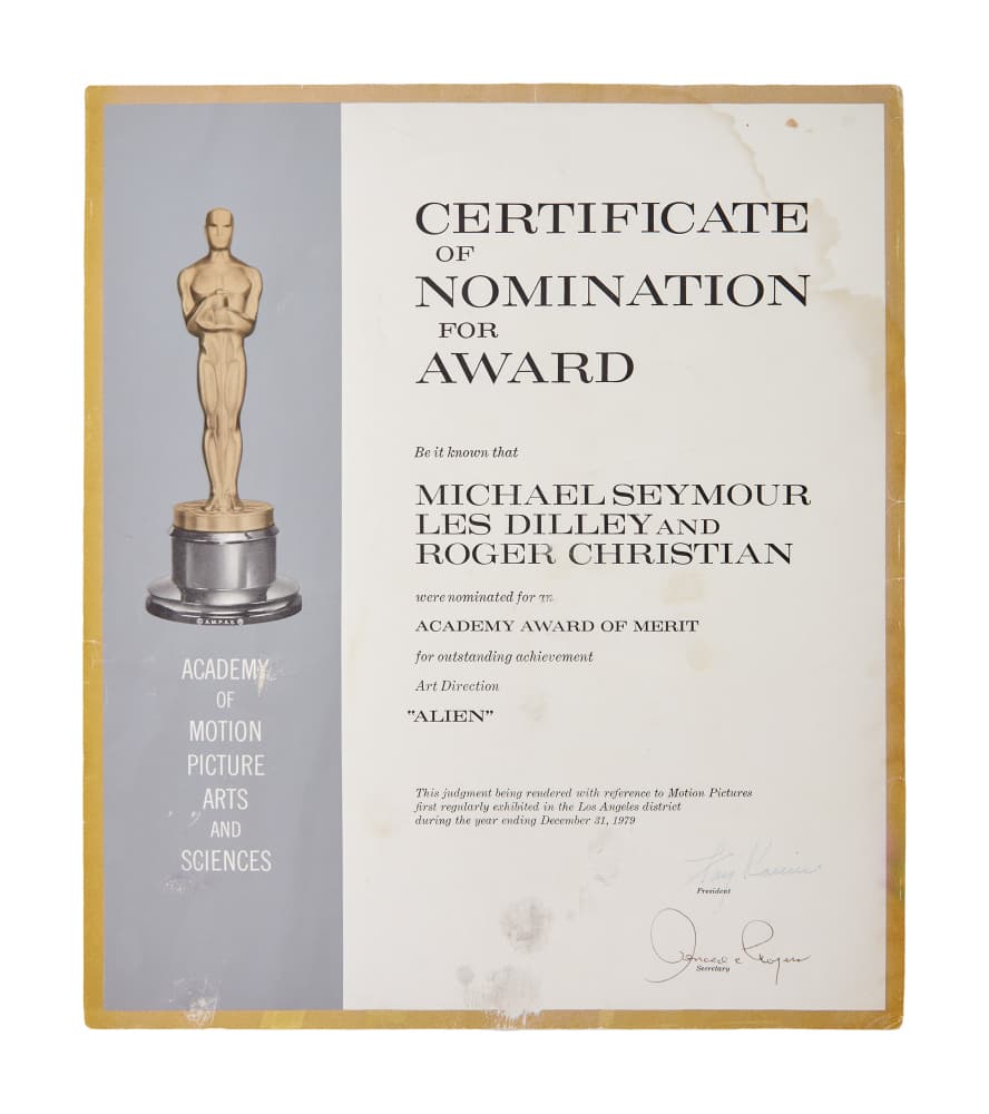 Alien Michael Seymour And Les Dilley And Roger Christian Academy Award Nomination Certificate