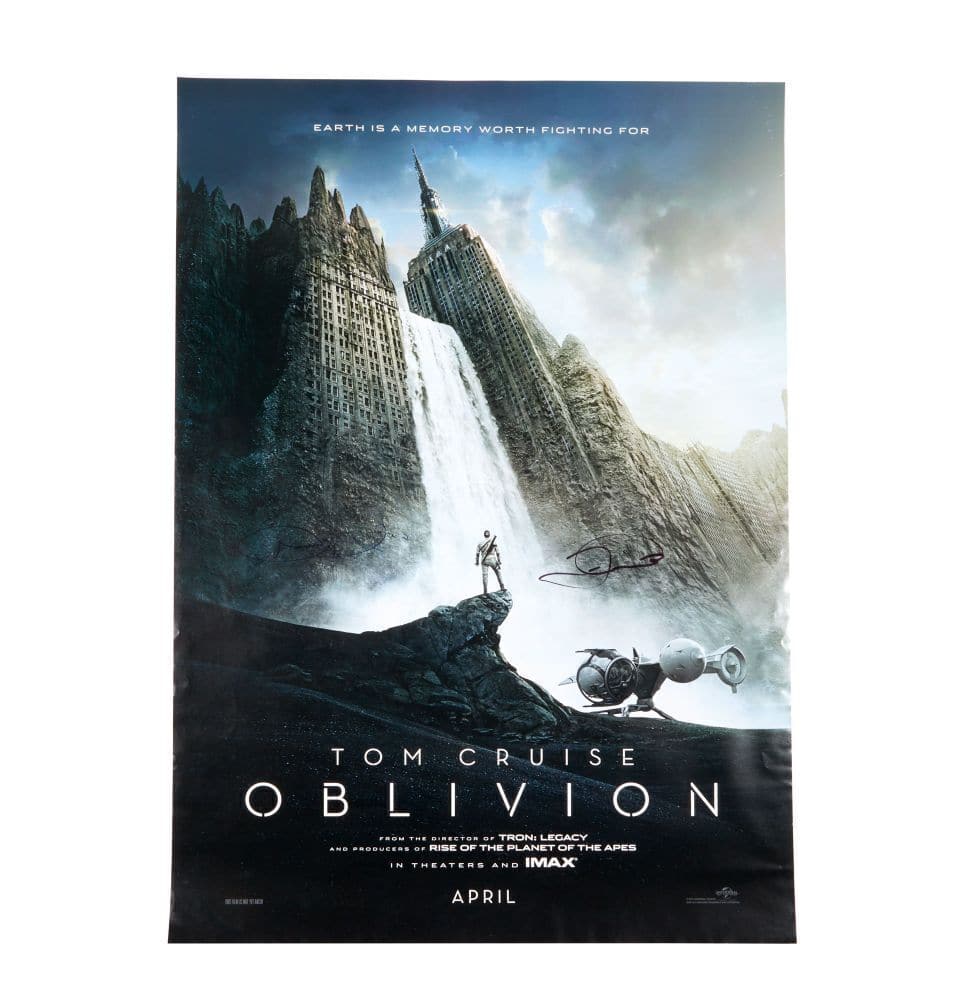 OBLIVION | TOM CRUISE AND JOSEPH KOSINSKI SIGNED POSTER: A double-sided advance one sheet poster for the graphic novel adaptation Oblivion (Universal Pictures, 2013), signed by Tom Cruise ("Jack Harper") and the film's director, Joseph Kosinski. 41 x 27 inc