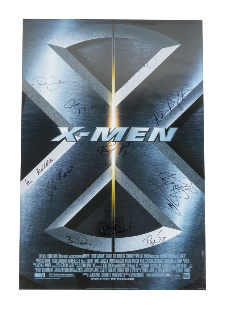X-MEN | CAST-SIGNED POSTER: An U.S. one sheet poster for Bryan Singer's X-Men (20th Century Fox, 2004) signed by Singer, Ian McKellen, Patrick Stewart, Famke Janssen, Halle Berry, James Marsden, Bruce Davidson, Rebecca Romjin, R