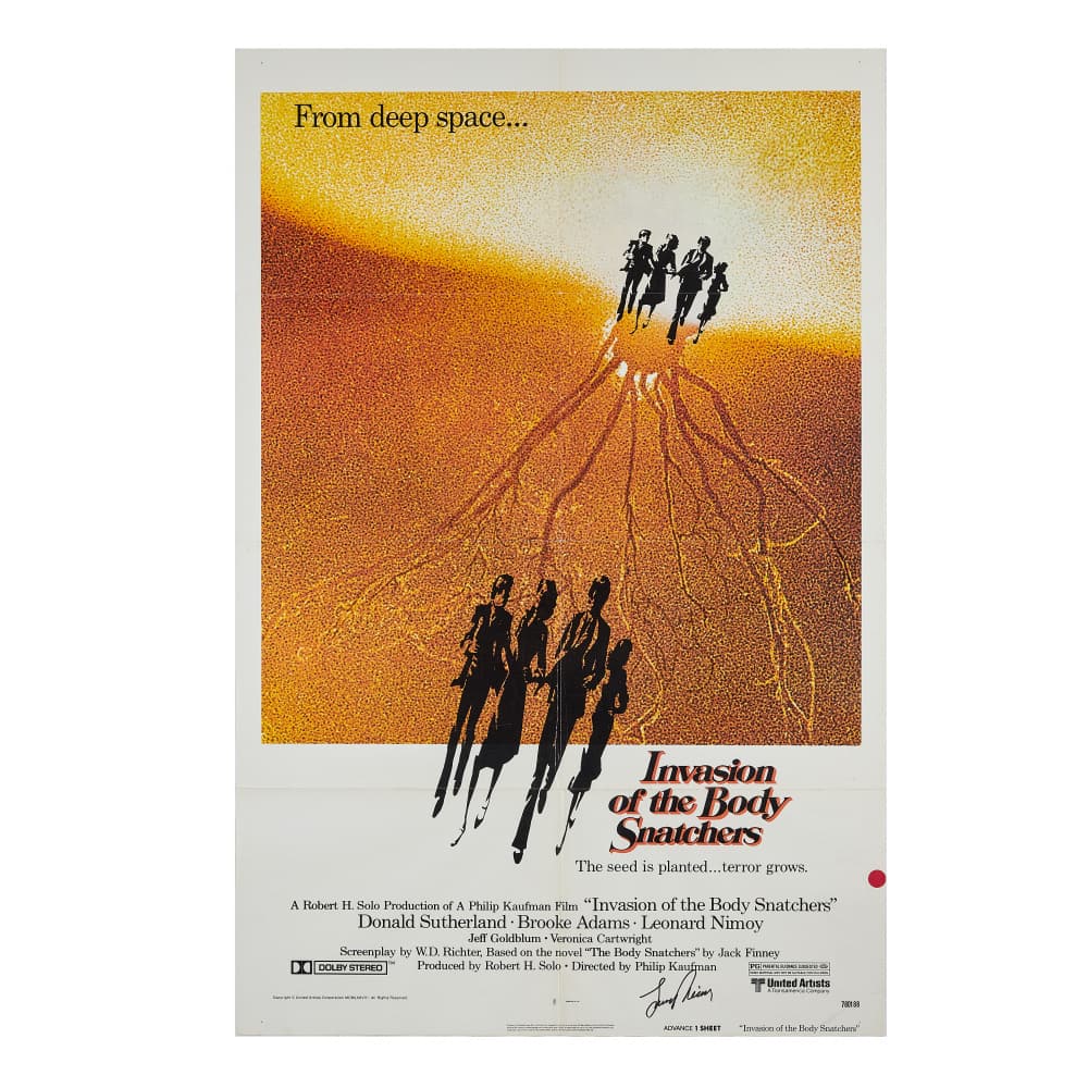 INVASION OF THE BODY SNATCHERS | LEONARD NIMOY SIGNED FILM POSTER: A U.S. advance one-sheet poster for Philip Kaufman's Invasion of the Body Snatchers (United Artists, 1978) signed by Leonard Nimoy. In the 1970s adaptation of Jack Finney's novel and Don Siegel's clas