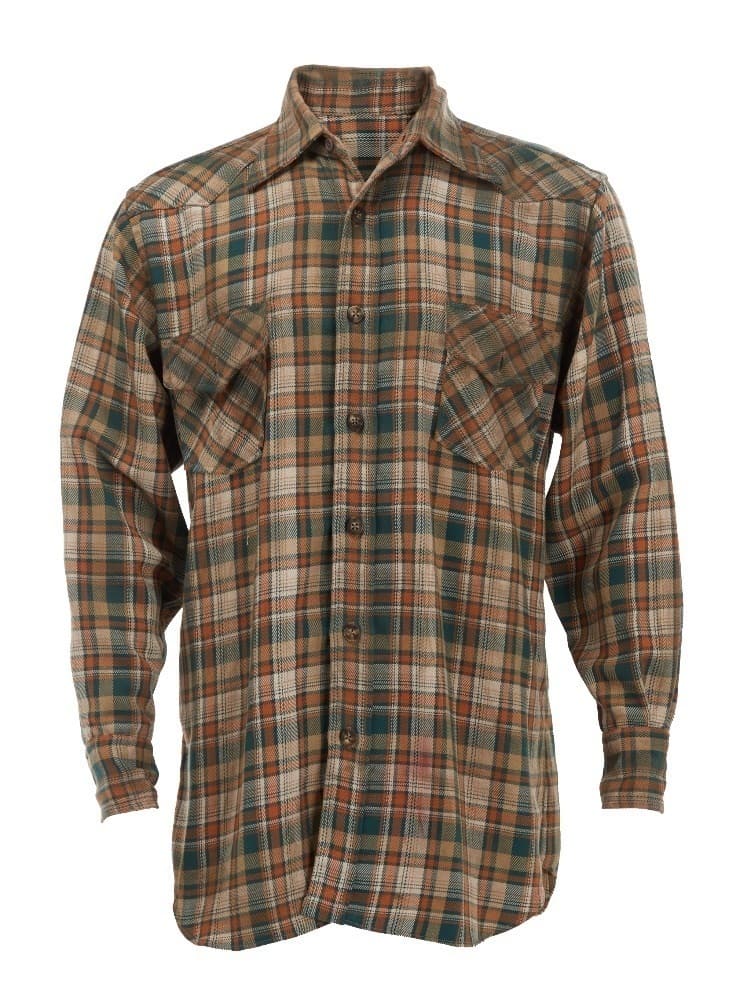 A FAMILY THING | ROBERT DUVALL "EARL PILCHER JR." SHIRT: A button-down shirt for Robert Duvall as "Earl Pilcher Jr." in the comedy/drama A Family Thing (United Artists, 1996). The long-sleeved, orange, green, and brown flannel button down features two breas