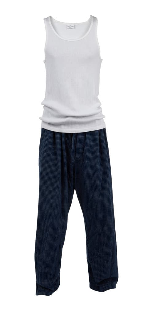 ENOUGH | BILLY CAMPBELL "MITCH HILLER" PAJAMAS: A pajama ensemble as seen worn by Billy Campbell as "Mitch Hiller" in the crime/thriller Enough (Columbia Pictures, 2002). Together with a costume tag. The outfit includes a white, ribbed, 100% cotton