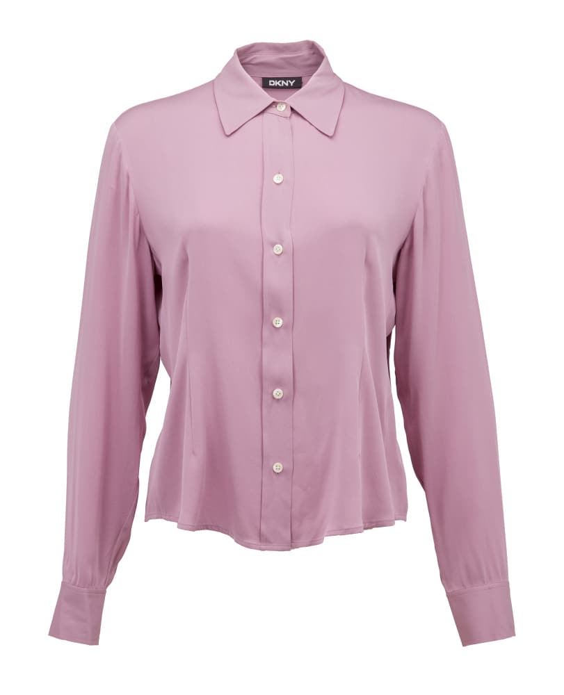 ADAPTATION | MERYL STREEP "SUSAN ORLEAN" TOP: A top for Meryl Streep as "Susan Orlean" in the comedy/drama Adaptation (Columbia Pictures, 2003). Together with a costume tag. The mauve, rayon button-down blouse is labeled, "DKNY." No size present.