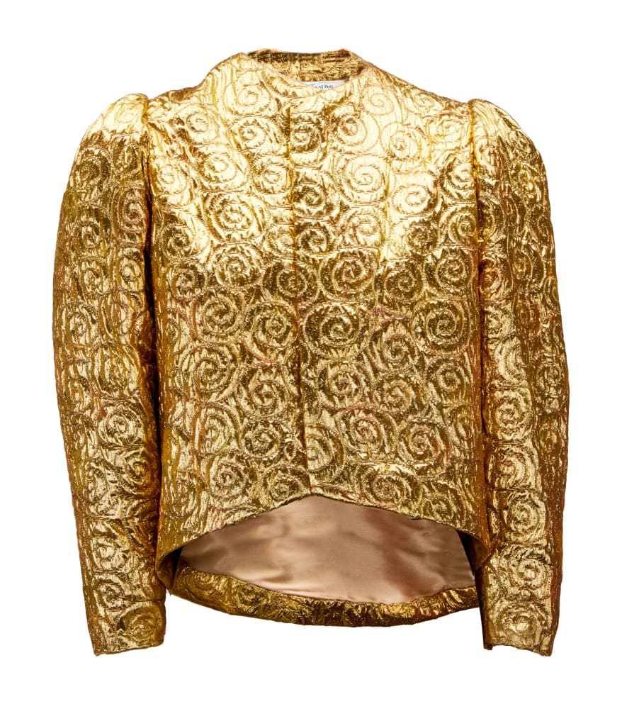 JANE POWELL | OWNED AND EVENT-WORN JACKET: A gold matelassé evening jacket worn by Jane Powell at an event, circa 1980s. The cropped jacket features a swirl design throughout, with hook and eye closures down the front and a rose gold inte