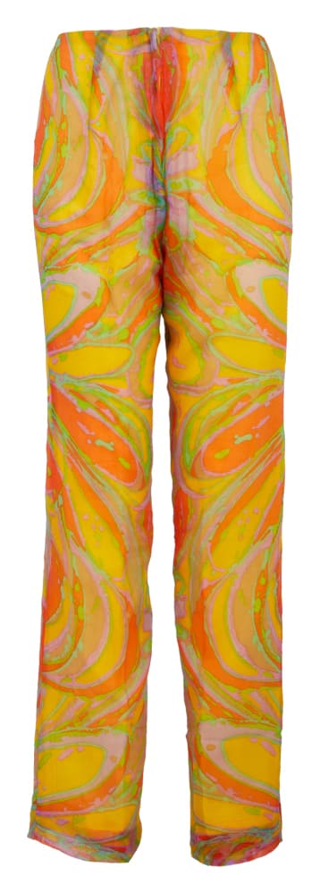 ELIZABETH TAYLOR | 1960s TROUSERS: A pair of 1960s custom-made trousers with a colorful psychedelic pattern, owned by Elizabeth Taylor. The trousers have a printed layer of silk crepon layered over a daffodil yellow linen. No labels or