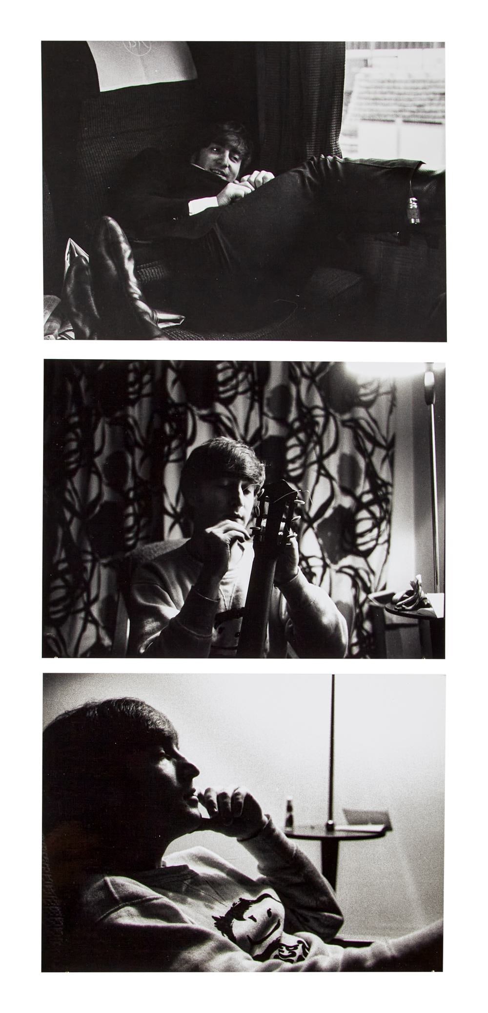 THE BEATLES | ASTRID KIRCHHERR SIGNED JOHN LENNON PHOTOS: Three original black and white photographs of John Lennon. Two of the photographs are signed on the back by photographer Astrid Kirchherr, the other is unsigned with a stamp that reads, "Sample N