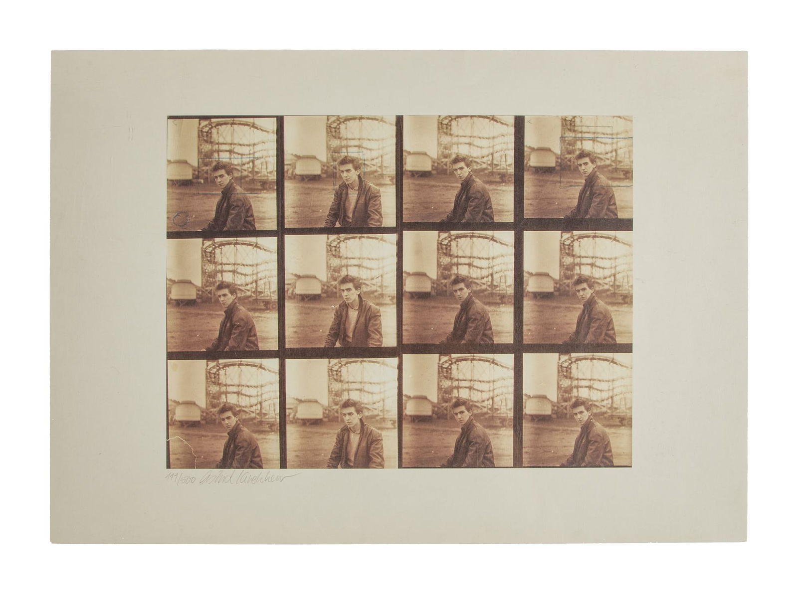 THE BEATLES | ASTRID KIRCHHERR SIGNED LIMITED-EDITION GEORGE HARRISON CONTACT SHEET PRINT: A limited-edition contact sheet print featuring George Harrison at Heiligengeistfeld Square in Hamburg, Germany, taken during The Beatles' first photography session in November 1960, and late