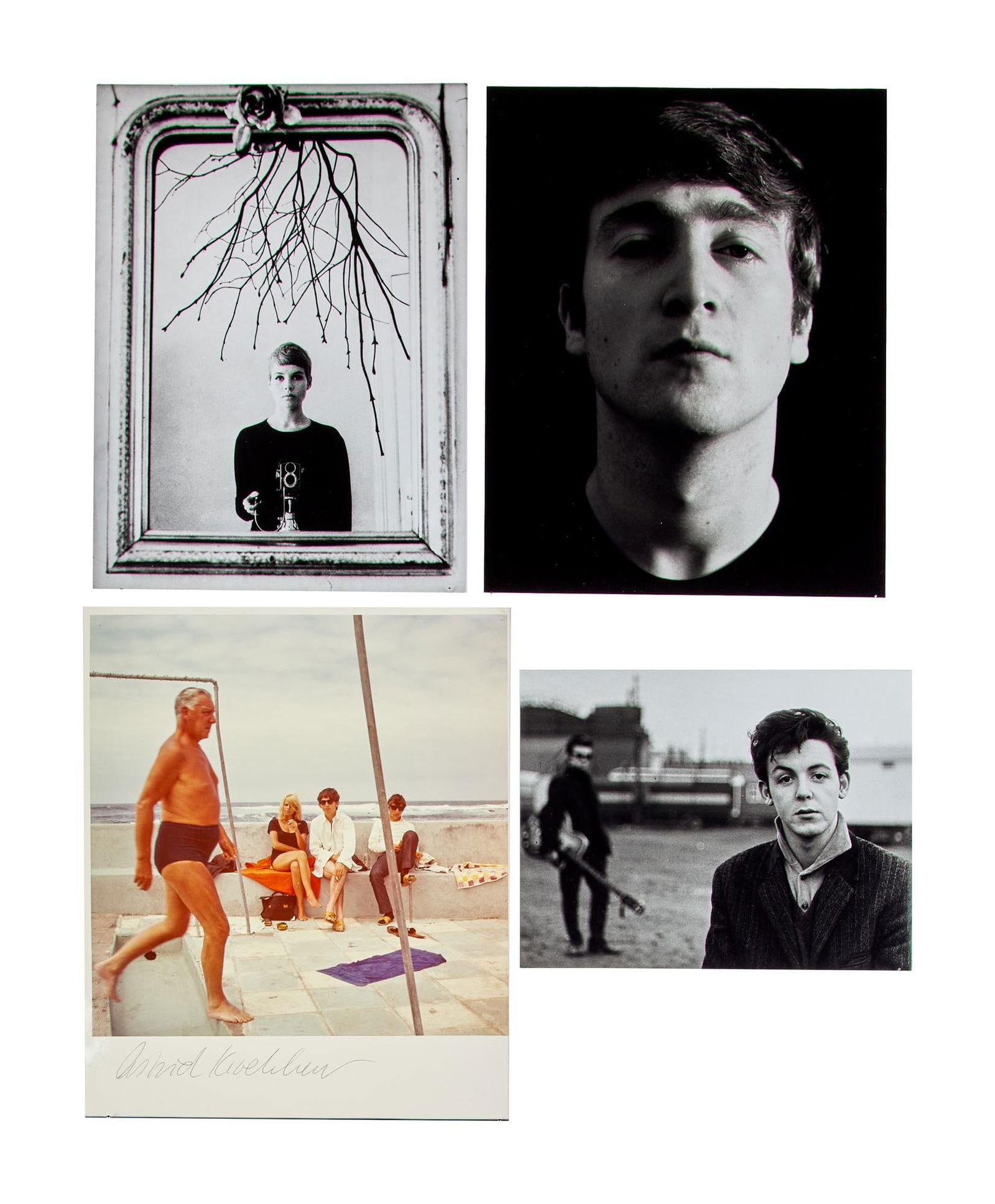 THE BEATLES | ASTRID KIRCHHERR SIGNED PHOTOS: A set of four photographs by Astrid Kirchherr. This collection includes a black and white photograph of Paul McCartney in 1960; a black and white portrait of John Lennon in 1960; a black and white sel