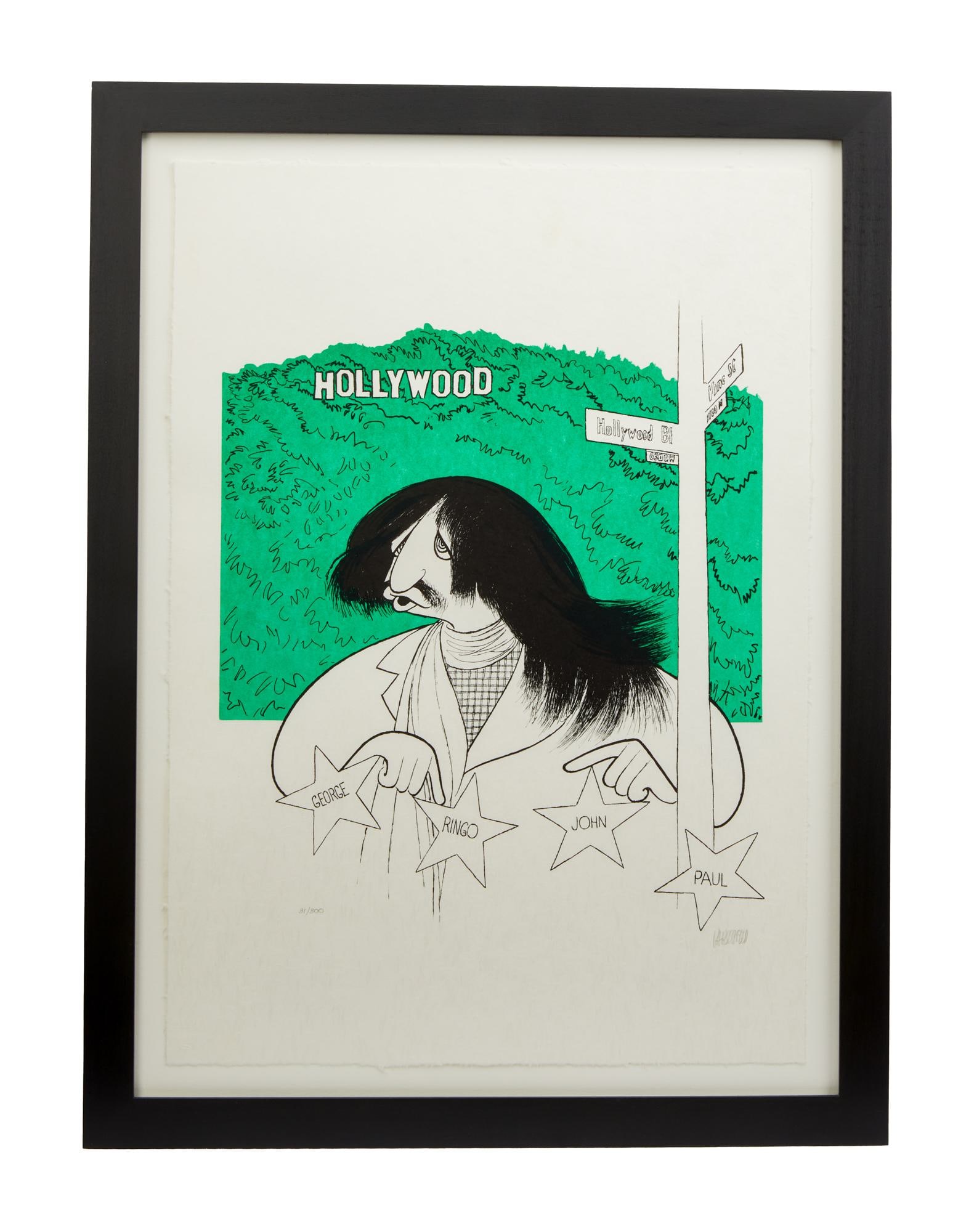 THE BEATLES | AL HIRSCHFELD SIGNED "RINGO STARR VISITS HOLLYWOOD" LIMITED-EDITION PRINT: An original limited-edition lithographic print of Ringo Starr titled, "Ringo Starr Visits Hollywood," signed by the artist, Al Hirschfeld, and numbered 31/300. Dimensions: Framed: 26.75