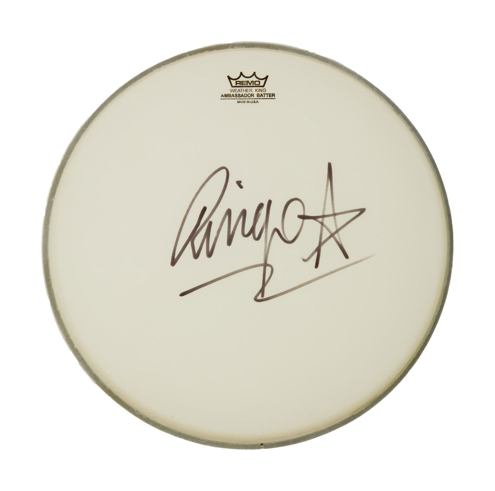 RINGO STARR | SIGNED DRUMHEAD: A Remo brand drumhead signed by Ringo Starr of The Beatles. Accompanied by a Letter of Provenance. Dimensions: 12.75 x 12.75 inches COA / LOA: COA/LOA