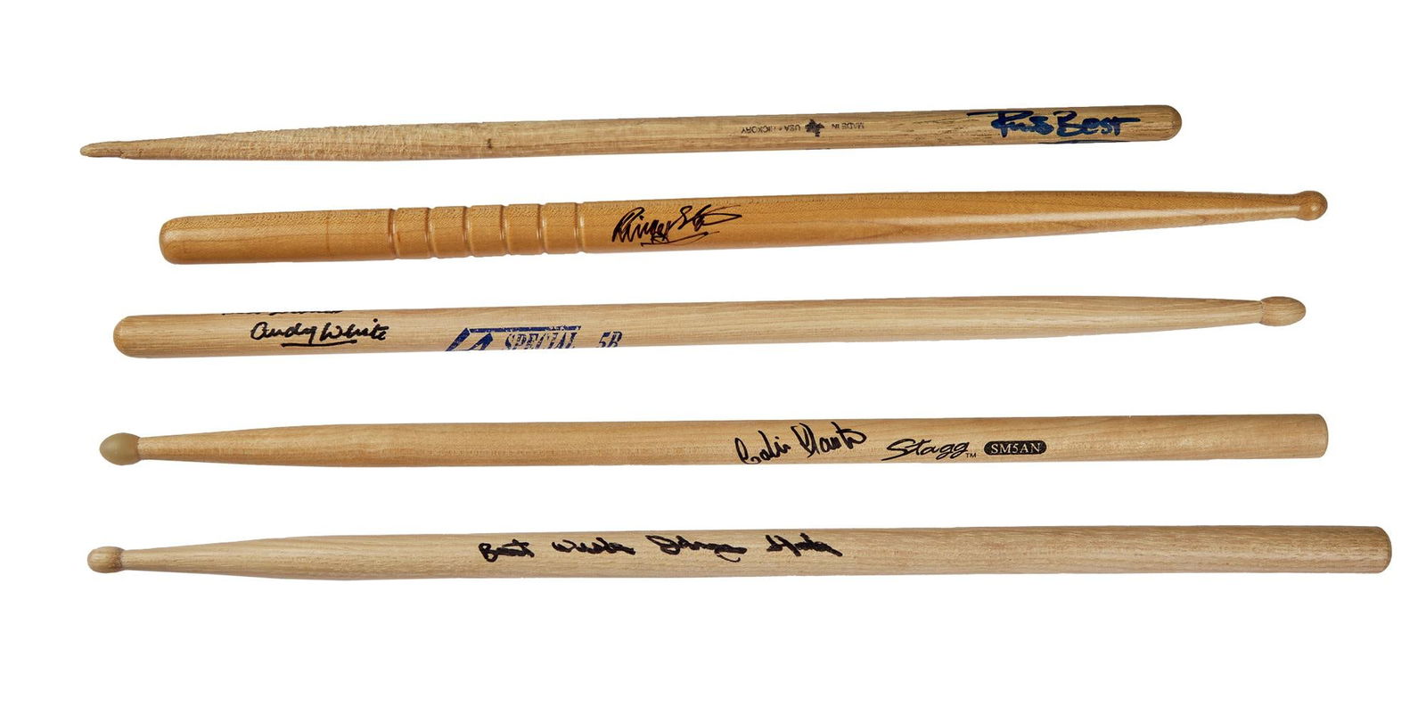 THE BEATLES | RINGO STARR AND OTHER DRUMMER SIGNED DRUMSTICKS: A group of five wooden drumsticks signed by musicians who participated in the forming of The Beatles, including Ringo Starr, Pete Best, Johnny Hutchinson, Andy White, and Colin Hanton. Pete Best