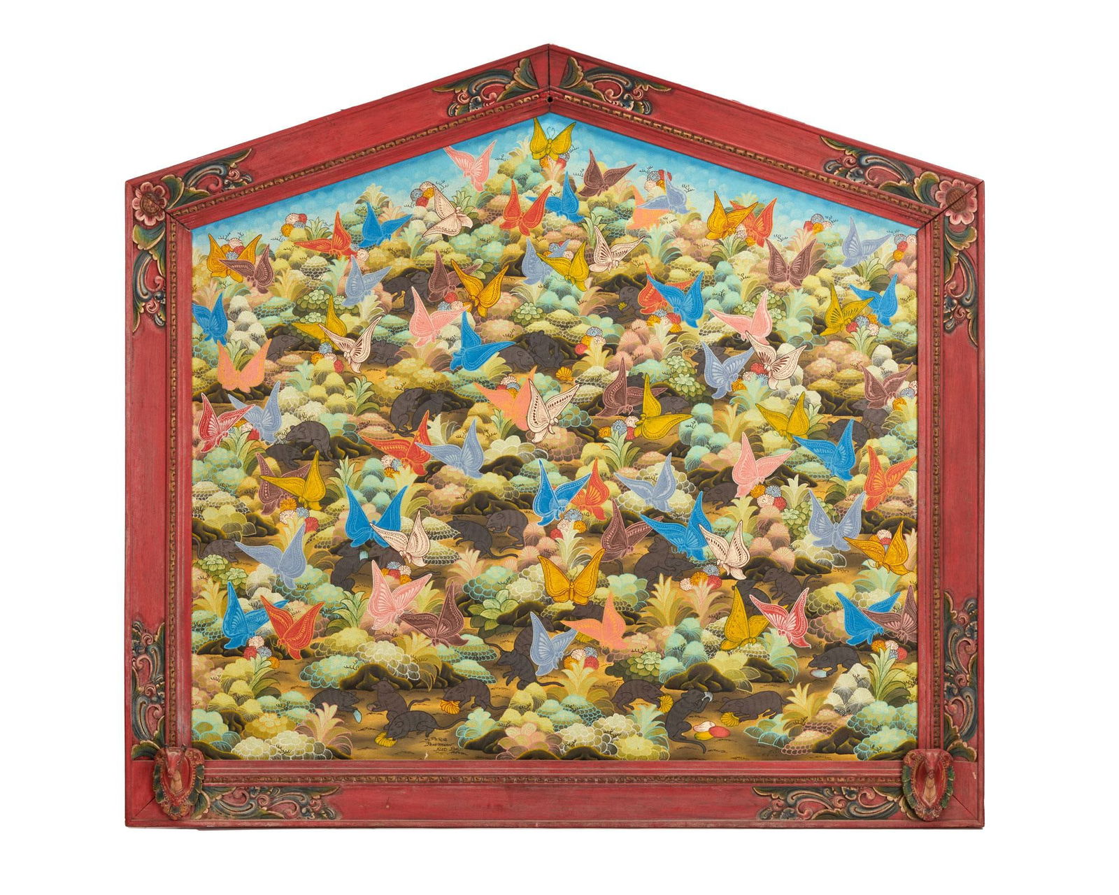 RINGO STARR | BALINESE RAT AND BUTTERFLY PAINTING: An original Balinese painting on board featuring rats and butterflies, personally owned by Ringo Starr and Barbara Bach. The painting, housed in a painted frame, is signed at the lower center, "W