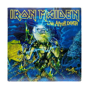 IRON MAIDEN | SIGNED "LIVE AFTER DEATH" RECORD ALBUM: A Live After Death record album signed by Steve Harris, Dave Murray, Adrian Smith, and Nicko McBrain in blue marker. Dimensions: 12.5 x 12.5 inches COA / LOA: None