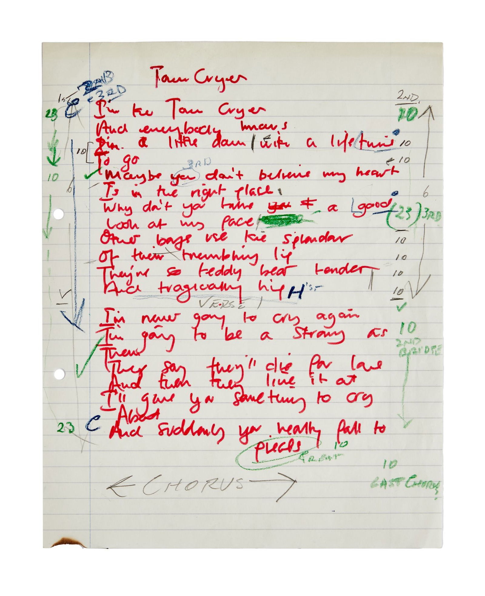 ELVIS COSTELLO | 1981 HAND-WRITTEN "TOWN CRYER" LYRICS (1 of 4)