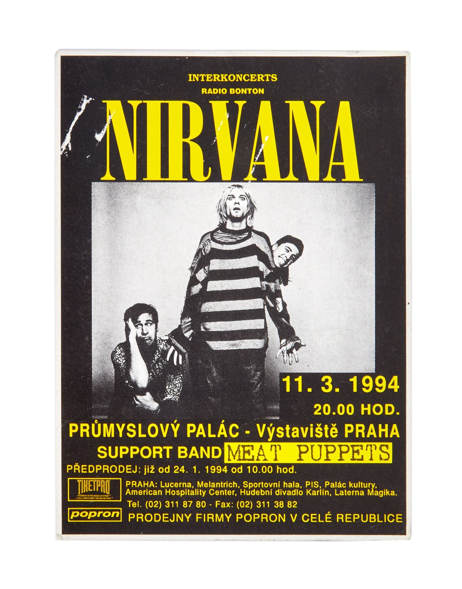 NIRVANA | 1994 CANCELLED CZECH REPUBLIC CONCERT POSTCARD: A postcard for Nirvana's concert at Prumyslovy Palac (Industrial Palace) in Prauge, Czech Republic scheduled for March 11, 1994 during the band's "In Utero" European tour. The postca