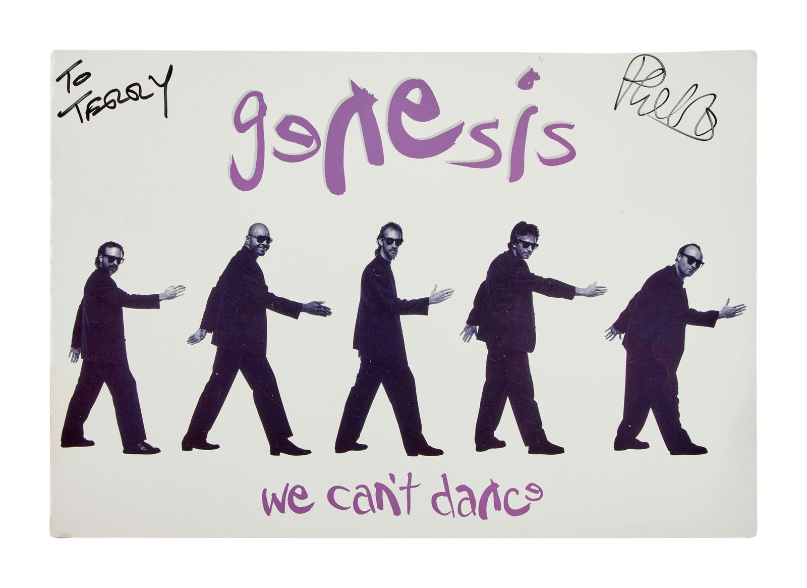 GENESIS | PHIL COLLINS SIGNED "WE CAN'T DANCE" WORLD TOUR PROGRAM: A 1992 Genesis "We Can’t Dance" world tour program, signed and inscribed, "To Terry," by Phil Collins. Dimensions: 11 x 16 inches COA / LOA: None