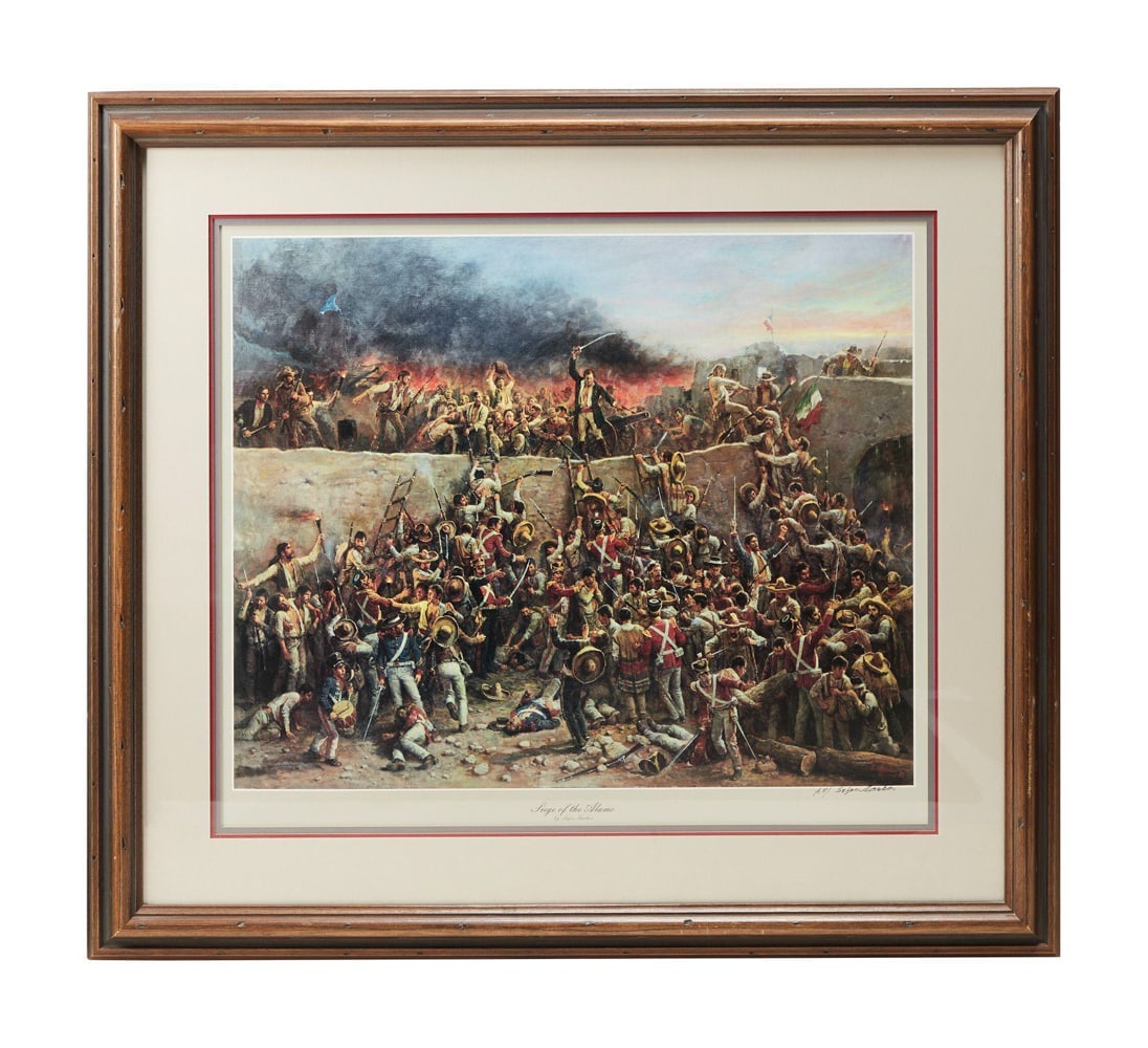 ZZ TOP | DUSTY HILL SIEGE OF THE ALAMO PRINT BY LAJOS MARKOS: A matted and framed limited edition print titled "Siege of the Alamo" marked lower right "A.P." for artist proof and signed by the artist Lajos Markos in black ink. Dimensions: Ove