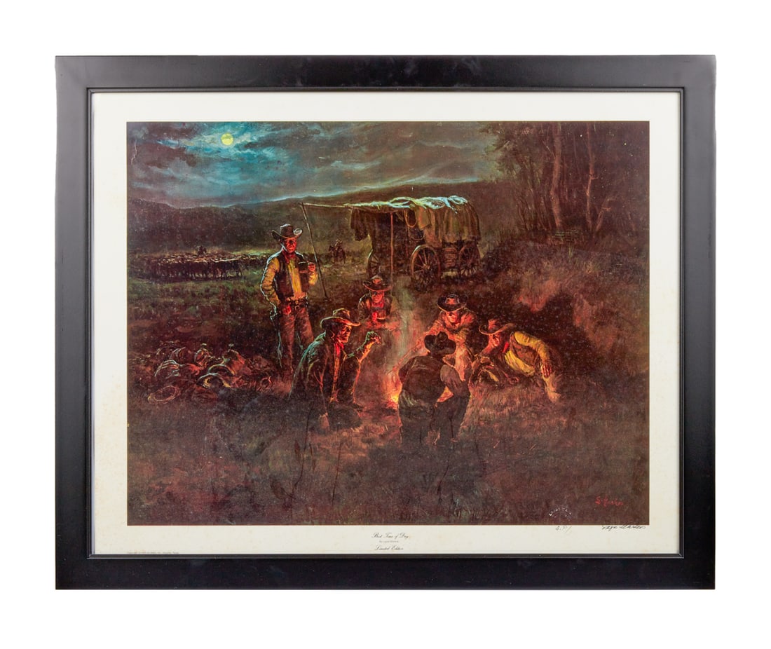 ZZ TOP | DUSTY HILL COWBOY THEMED LAJOS MARKOS PRINTS: Two limited edition, Lajos Markos prints with artist's blind stamp lower right, both marked "A.P." for artist proof, signed by the artist in black ink lower right. The first, titled &quo