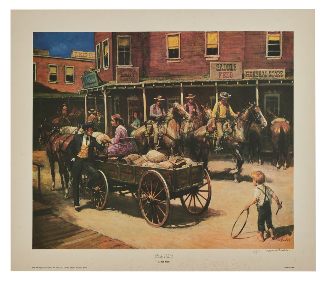 ZZ TOP | DUSTY HILL WESTERN THEMED LAJOS MARKOS PRINTS: Two limited edition, Lajos Markos prints with artist's blind stamp lower right, both marked "A.P." for artist proof, signed by the artist in black ink lower right. The first, titled &quo