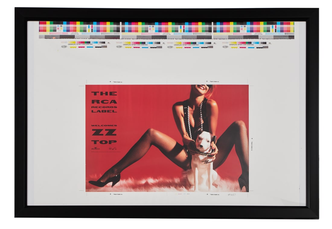 ZZ TOP | DUSTY HILL 1992 TRADE AD PROOF: A framed printer's proof with color bars and registration marks featuring a version of the trade ad that ran to announce ZZ Top signing with the RCA label in 1992. Dimensions: Overall: 22 by 32 in