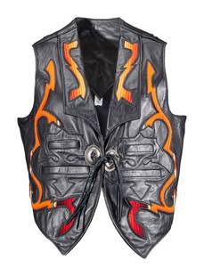 ZZ TOP | DUSTY HILL VEST BY ARTURA: A black leather vest accented with conchos, tassels, and colorful inset serape panels on front and back, with "Pitic by Artura" label, size 46. PROVENANCE From The Estate of Dusty Hill