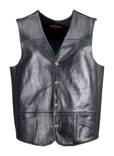 ZZ TOP | DUSTY HILL HARLEY DAVIDSON VEST: A black leather Harley Davidson vest with snap front closure and large embroidered "Harley Owners Group" logo on back, size XL. PROVENANCE From The Estate of Dusty Hill